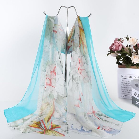 Women's Light Blue 1 Fashion Lightweight Head Scarf Floral Print Chiffon Scarves - Picture 2 of 6